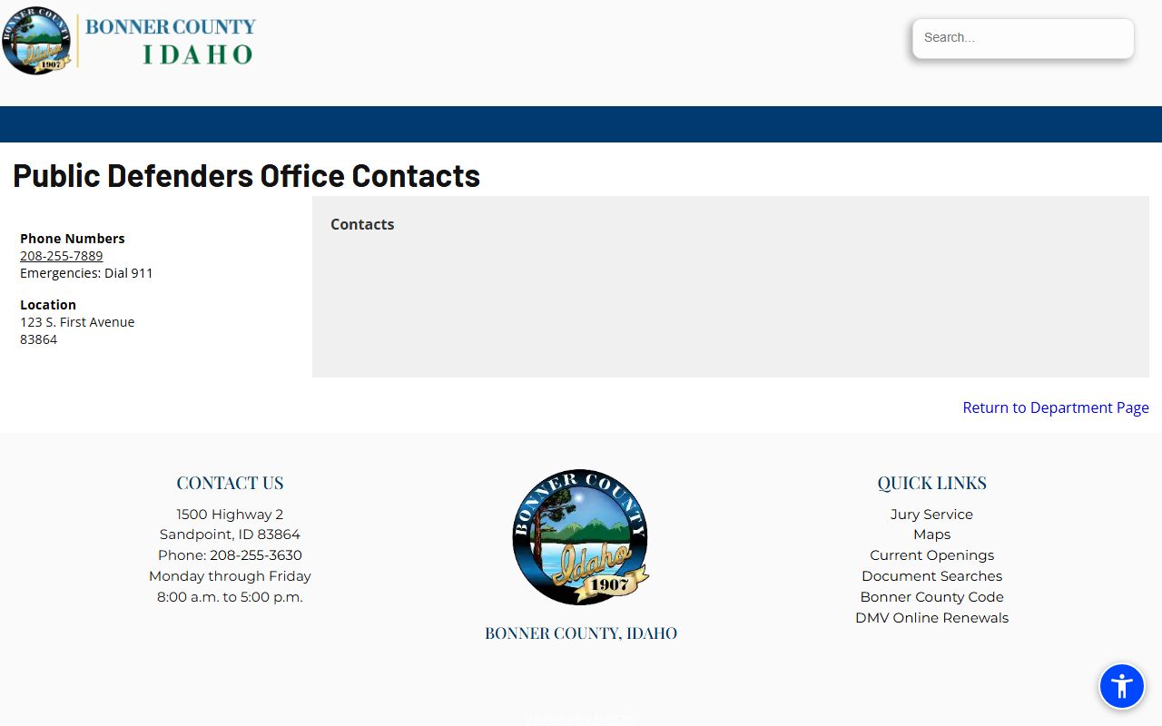 Bonner County criminal court records public defender staff directory