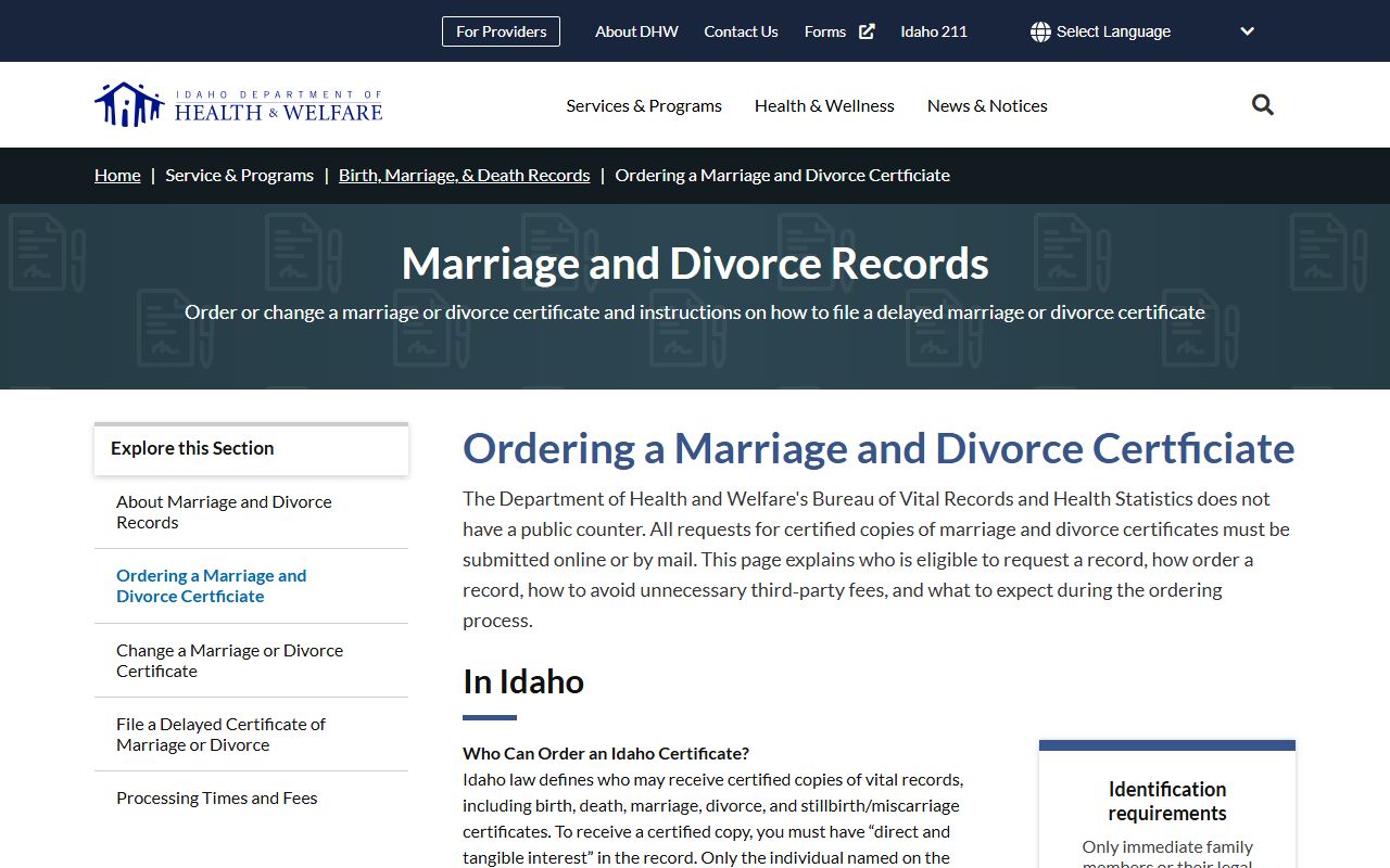 Bonner County marriage and divorce records certificate ordering