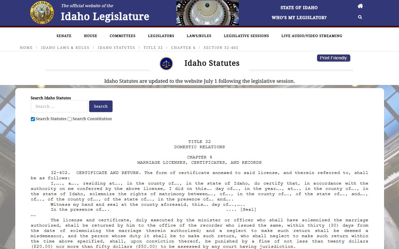 Bonner County marriage records and Idaho Code 32-402 license return