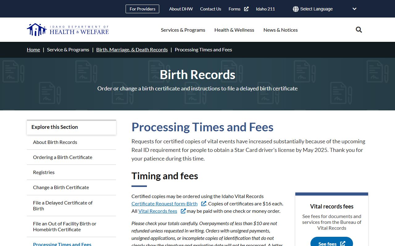 Bonner County marriage and divorce records fees and processing times