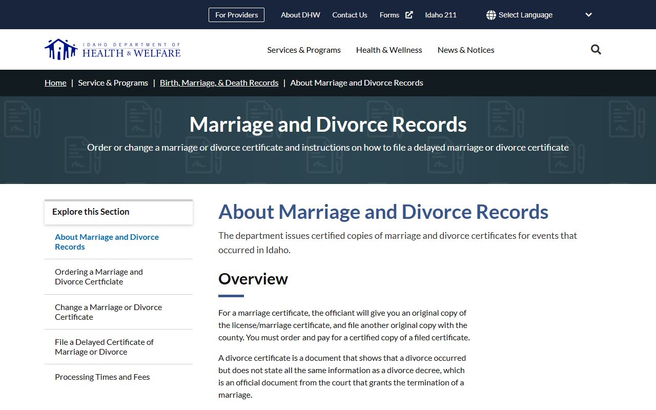 Bonner County marriage and divorce records through Idaho Health and Welfare