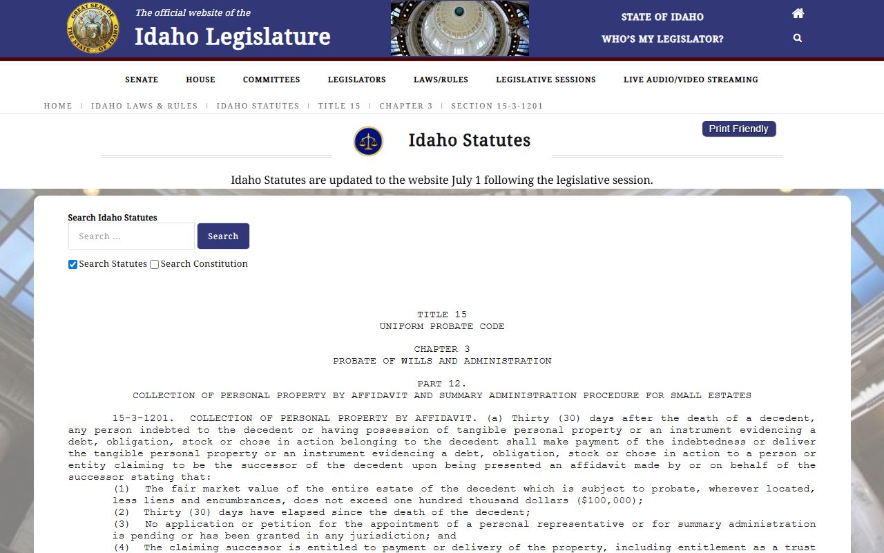 Bonner County probate records and Idaho Code 15-3-1201 small estate affidavit