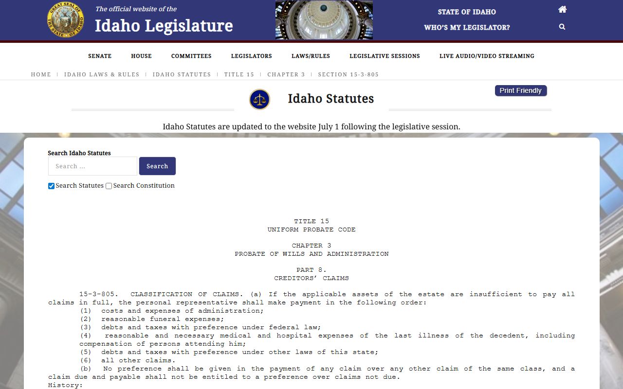 Bonner County probate records and Idaho Code 15-3-805 estate claim priority