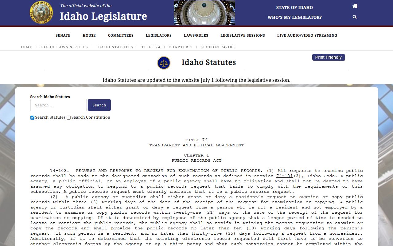 Bonner County traffic court records and Idaho Code 74-103 copying fees