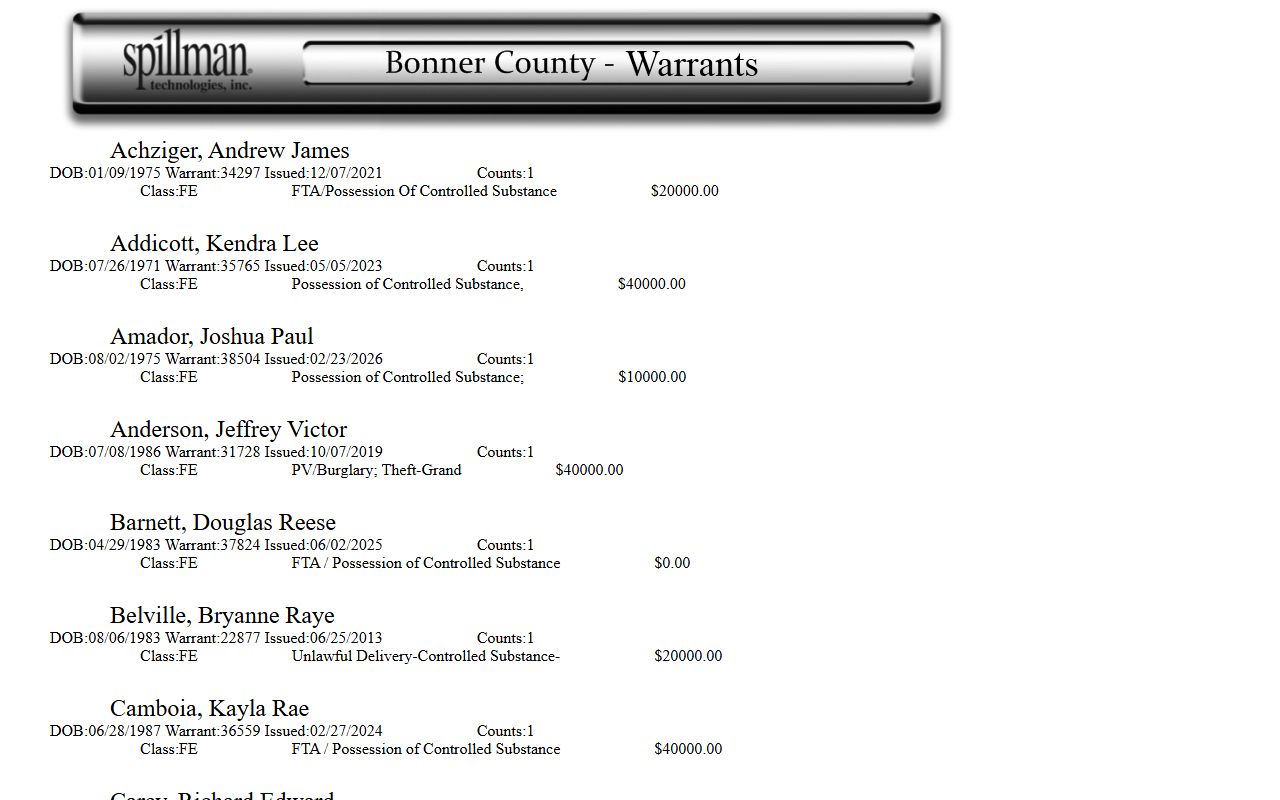 Bonner County warrant records felony warrant XML feed