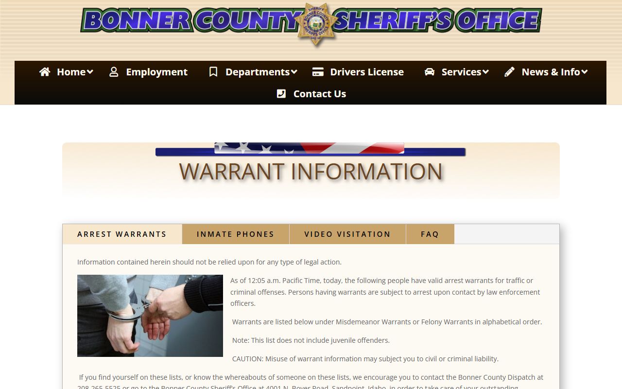 Bonner County warrant records active warrant page